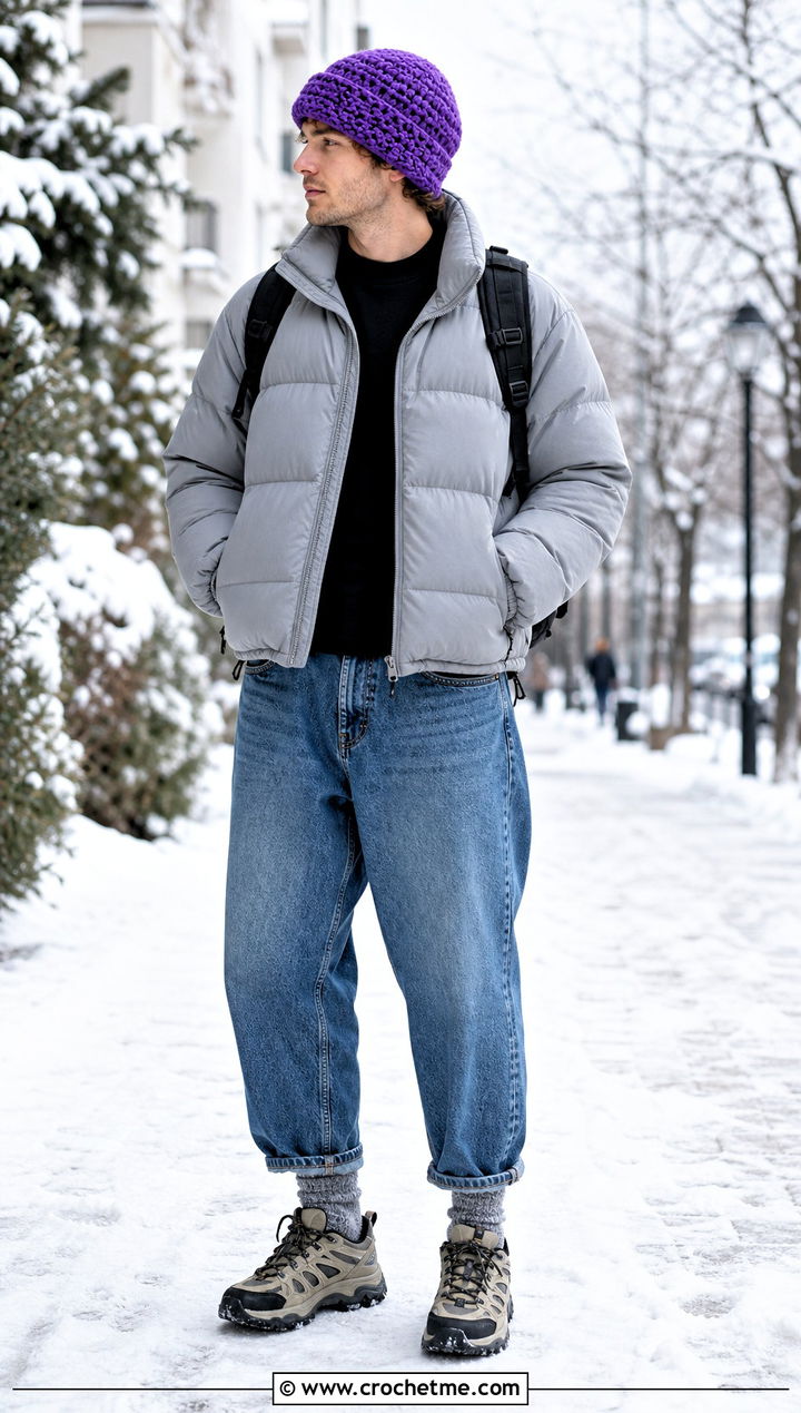 Chunky Crochet Beanie With Puffer Jacket - 35 Men Crochet Beanie outfit ideas
