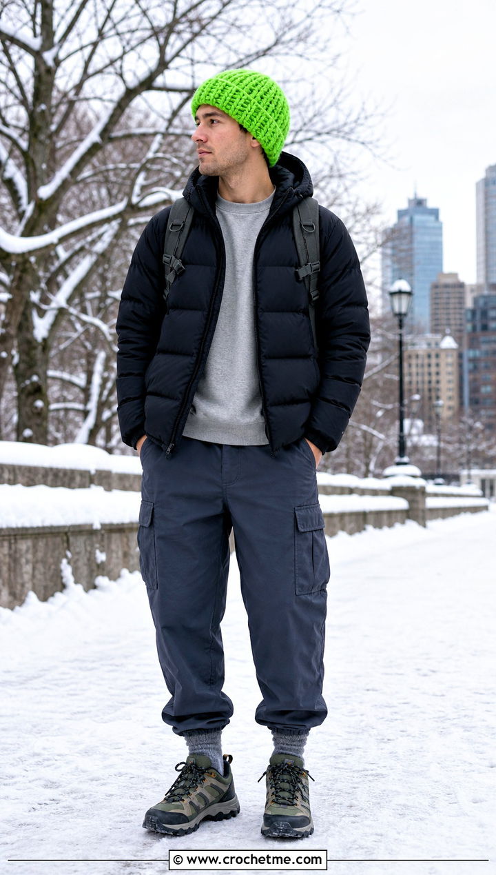 Chunky Crochet Beanie With Puffer Jacket - 35 mens crochet beanie outfit ideas