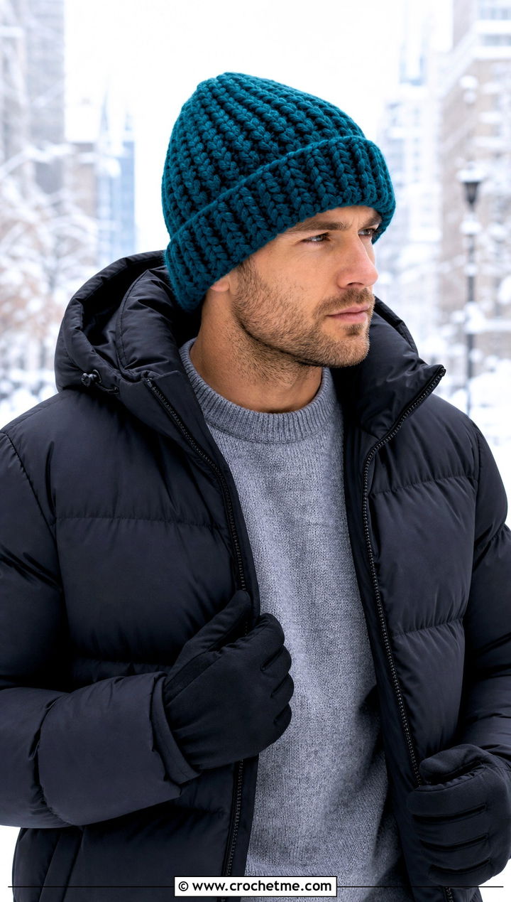 Chunky Crochet Beanie With Puffer Jacket - 25 Easy Mens Crochet Beanie outfit ideas