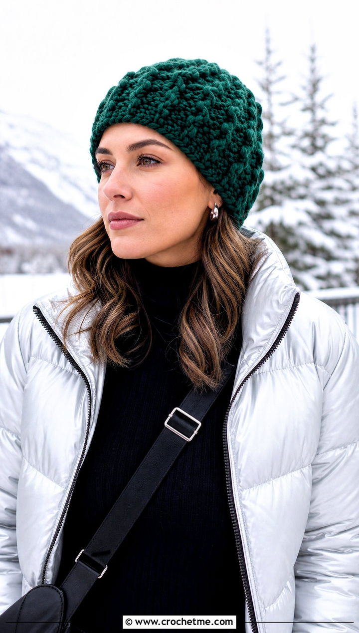 Chunky Crochet Beanie With Puffer Jacket And Cargos - 25 K Pop Crochet Clothes and outfit ideas