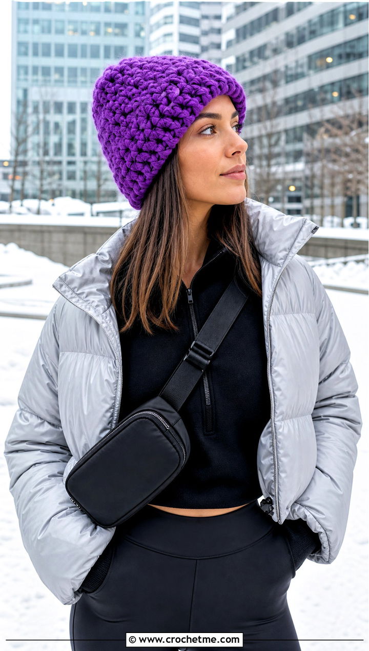 Chunky Crochet Beanie With Puffer Jacket And Leggings - 15 Womens Crochet Beanie outfit ideas