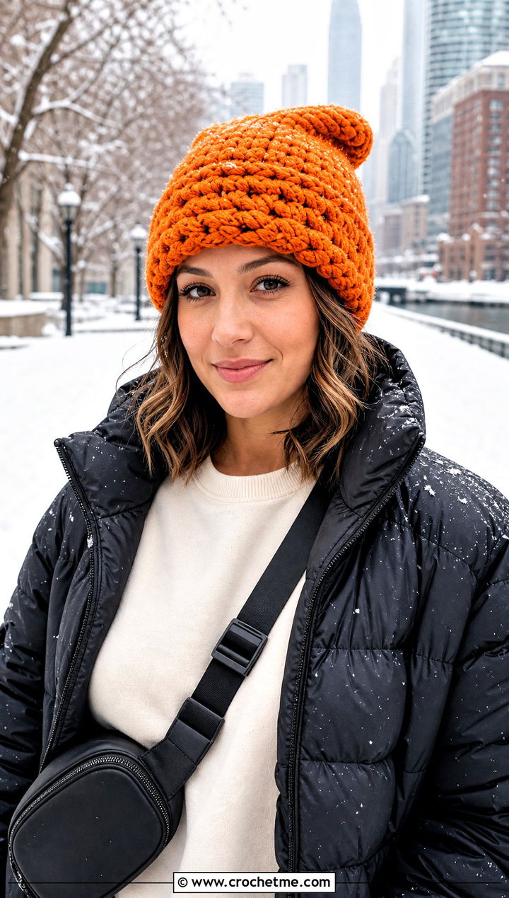 Chunky Crochet Beanie With Puffer Jacket - 30 Quick Crochet Beanie outfit ideas