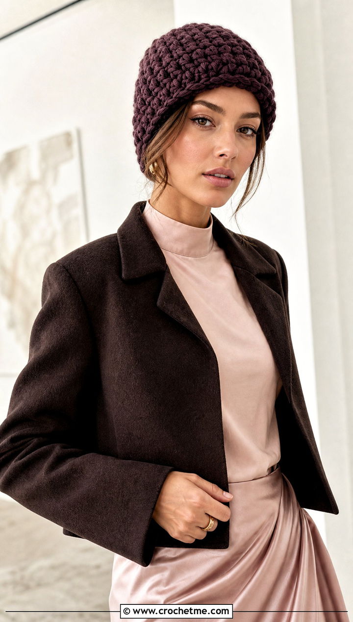 Chunky Crochet Beanie With Satin Skirt - 15 crochet beany hat outfit ideas