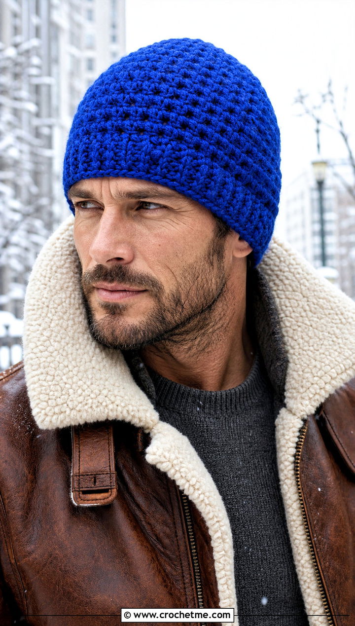 Chunky Crochet Beanie With Shearling Jacket - 30 mens crochet hats men's beanie outfit ideas