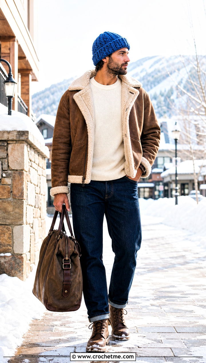 Chunky Crochet Beanie With Shearling Jacket - 35 crochet hats men outfit ideas
