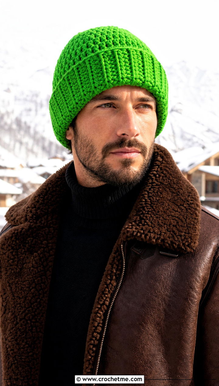 Chunky Crochet Beanie With Shearling Jacket - 25 crochet for men's beanies outfit ideas