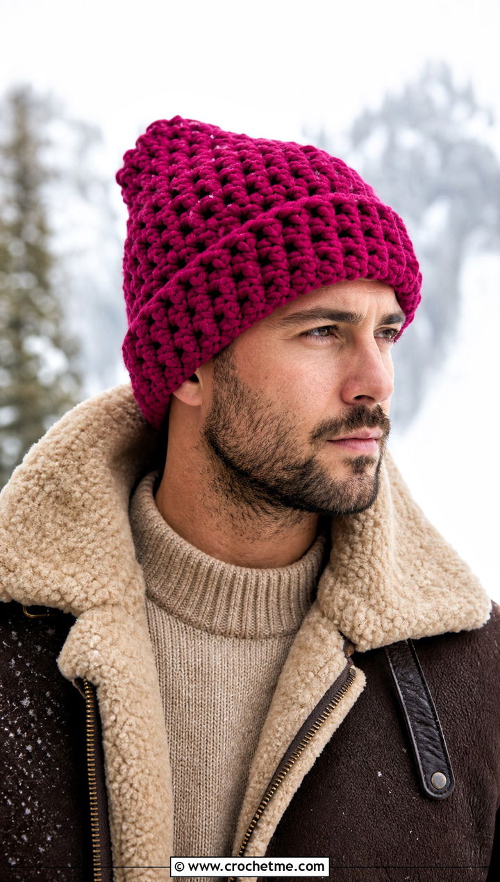 Chunky Crochet Beanie With Shearling Jacket - 25 easy crochet beanie for men outfit ideas