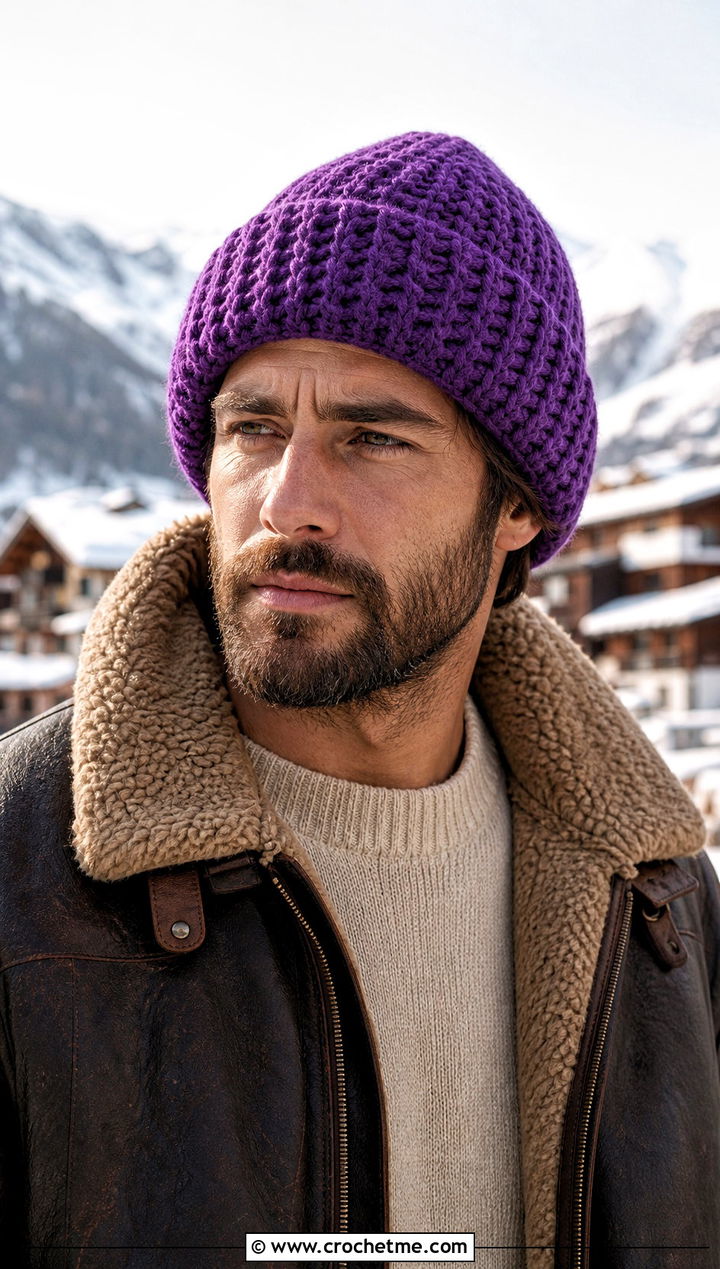 Chunky Crochet Beanie With Shearling Jacket - 15 men's crochet beanies outfit ideas