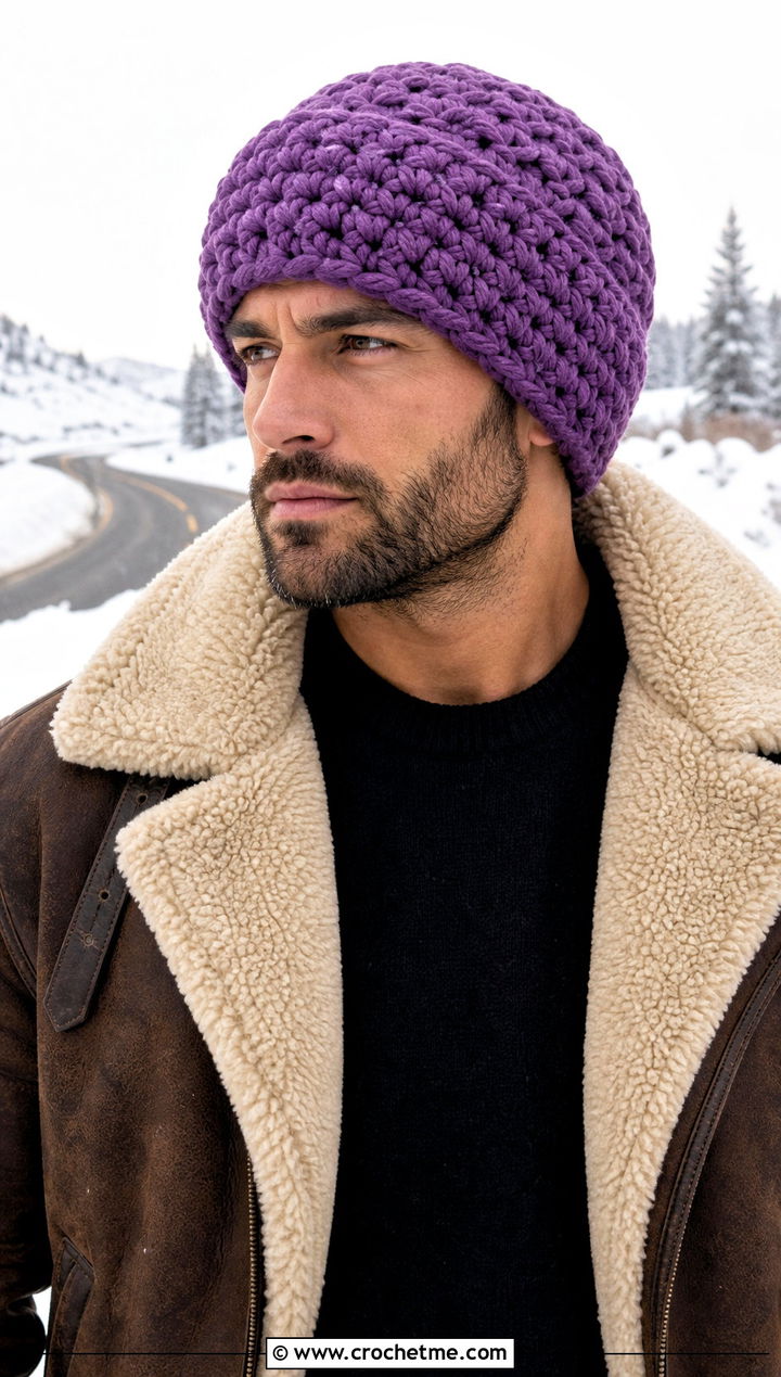 Chunky Crochet Beanie With Shearling Jacket - 30 crochet man beanie outfit ideas