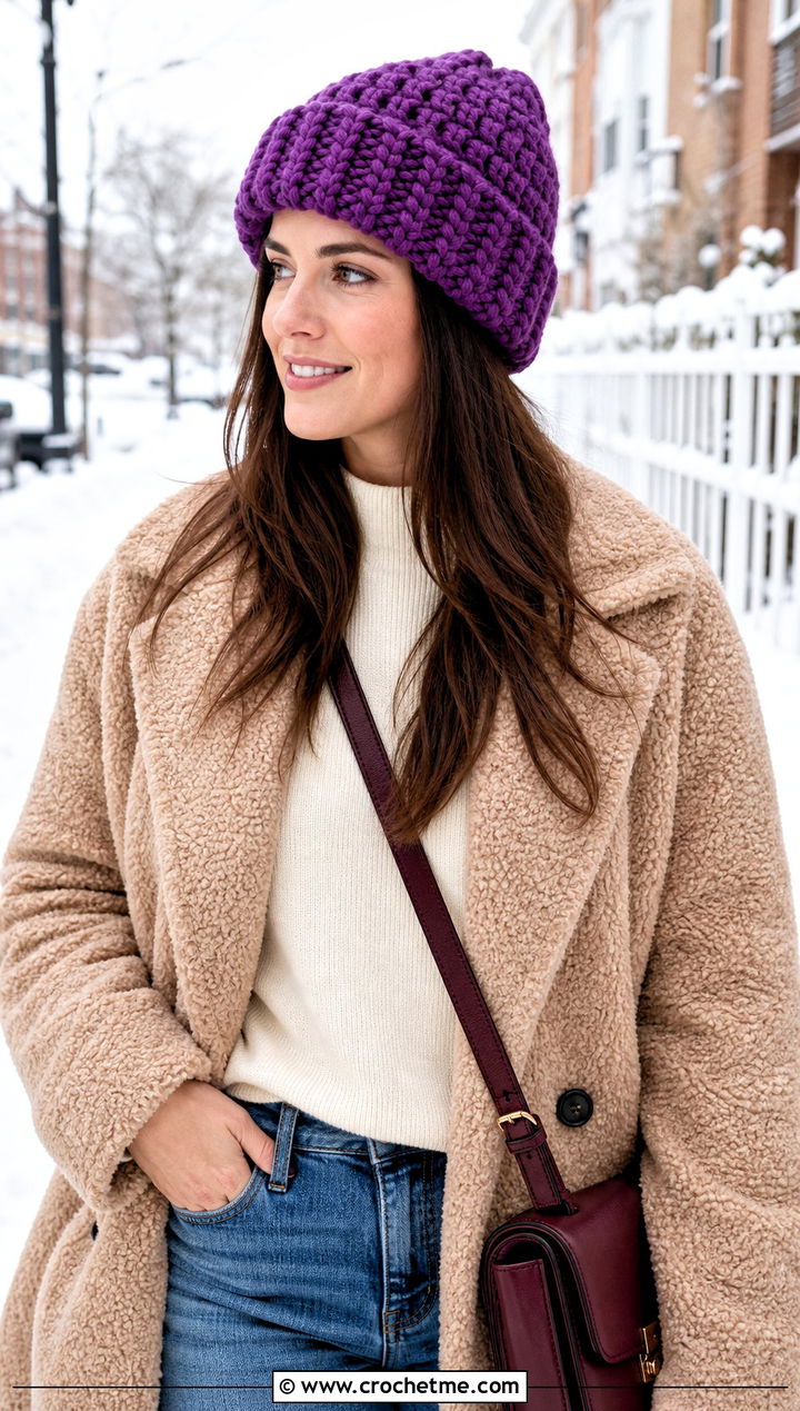 Chunky Crochet Beanie With Teddy Coat And Straight Jeans - 25 easy crochet beanies outfit ideas