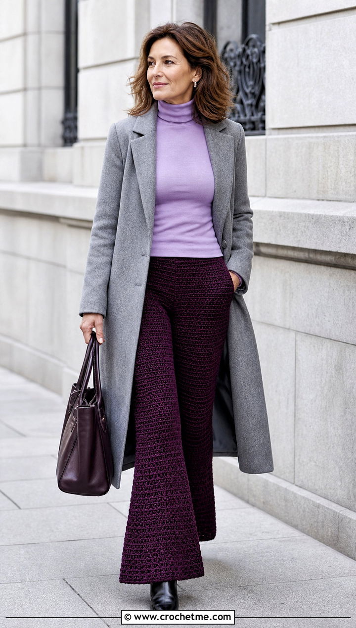 Chunky Crochet Bell Bottom Pants With Turtleneck And Coat - 15 crochet bell bottom pants outfit ideas