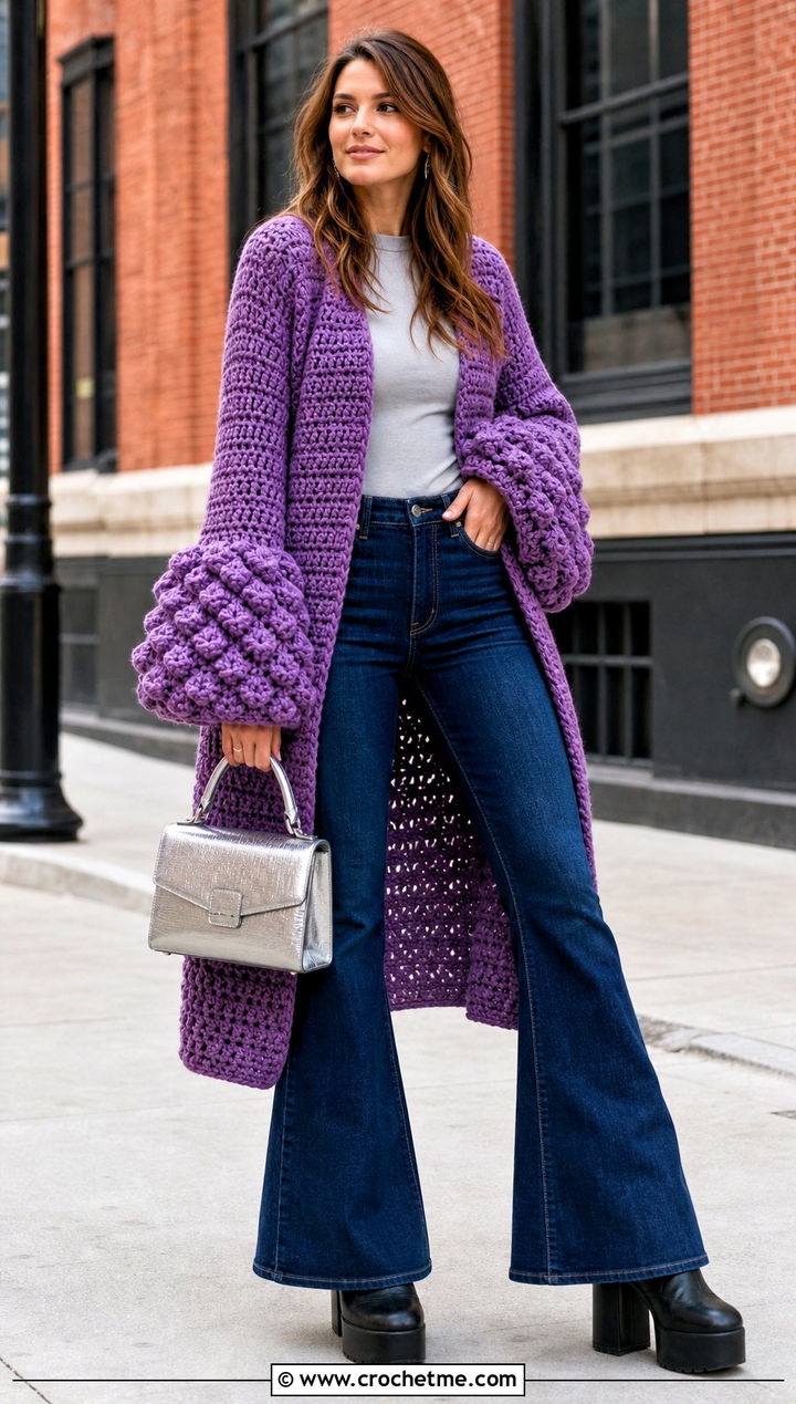 Chunky Crochet Bell Sleeve Coat With Flared Jeans - 25 Chunky Crochet Coat outfit ideas