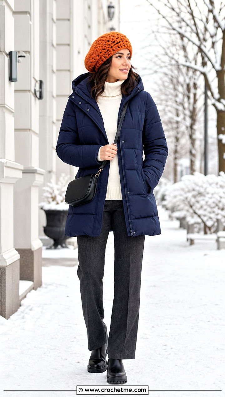 Chunky Crochet Beret With Puffer Coat - 35 easy crochet beret outfit ideas
