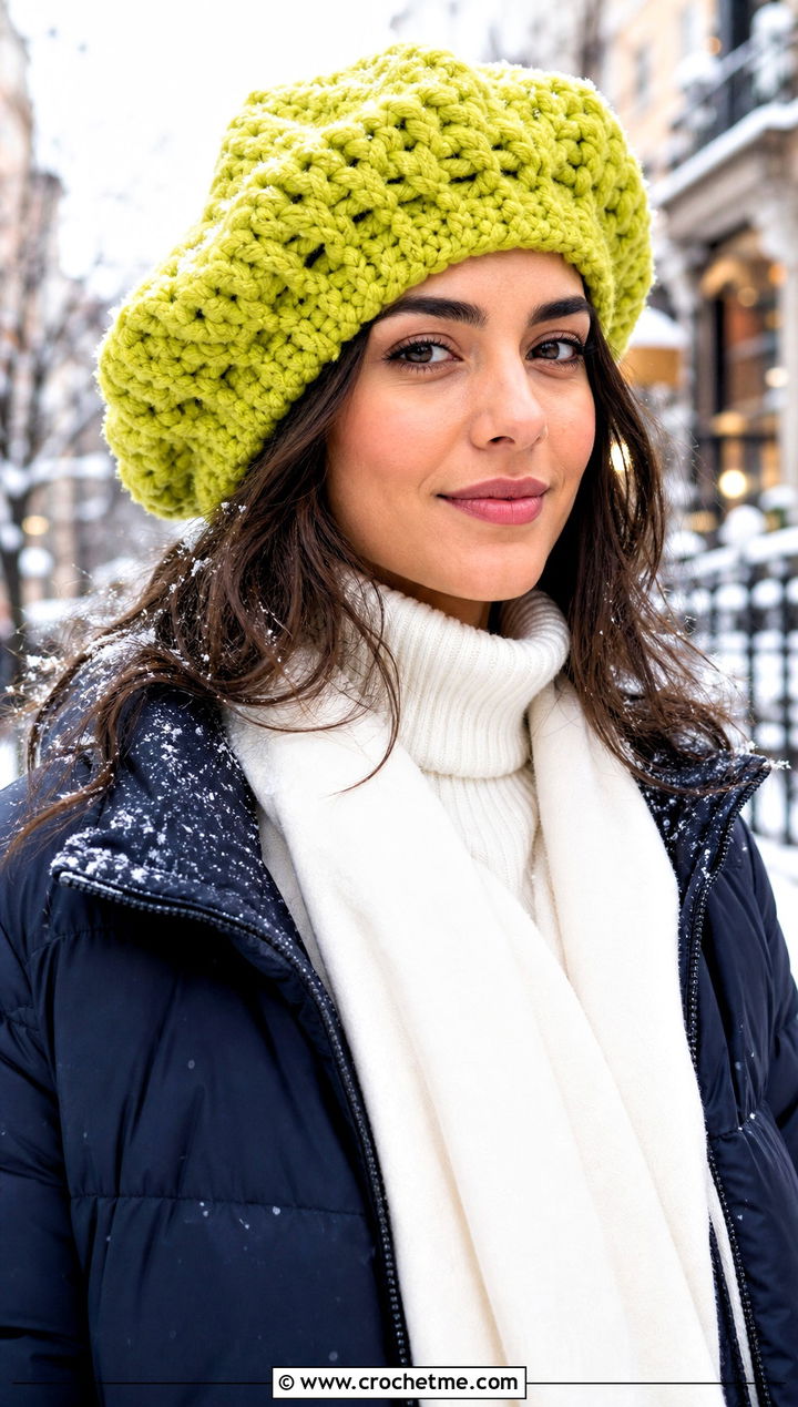Chunky Crochet Beret With Puffer Jacket - 20 crochet beret hat outfit ideas
