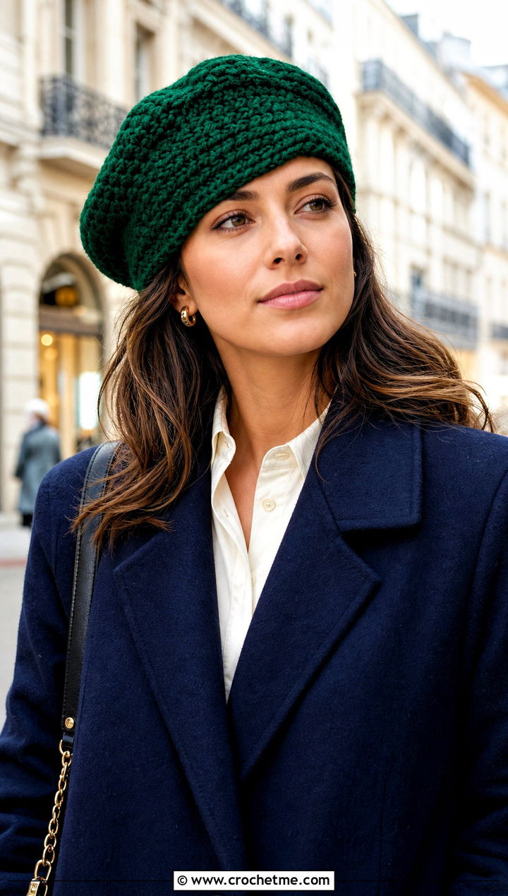 Chunky Crochet Beret With Tailored Coat And Loafers - 15 Simple Chunky Crochet Hat outfit ideas