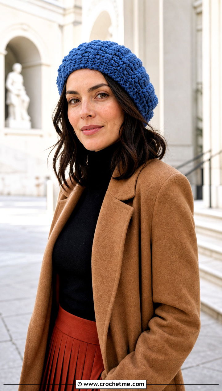 Chunky Crochet Beret With Turtleneck And Midi Skirt - 25 Easy Chunky Crochet Hat outfit ideas