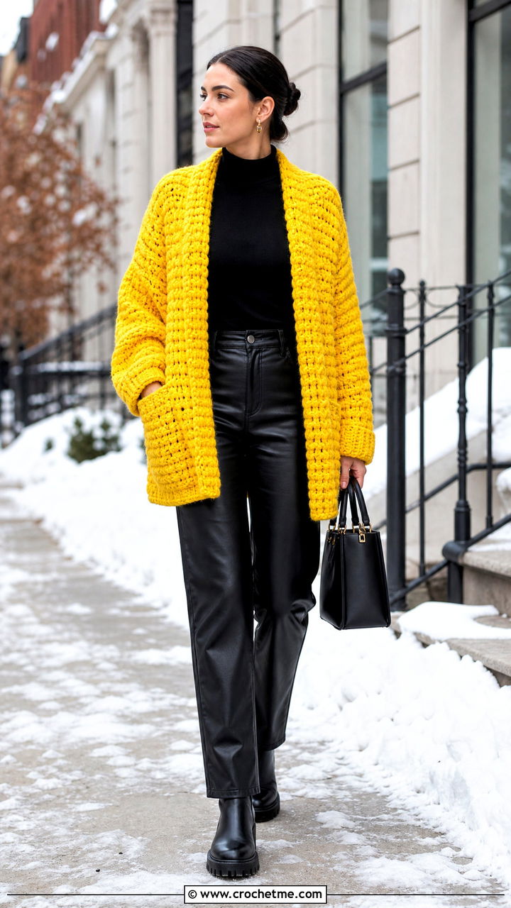Chunky Crochet Blanket Cardigan With Leather Pants - 35 crochet blanket cardigan outfit ideas