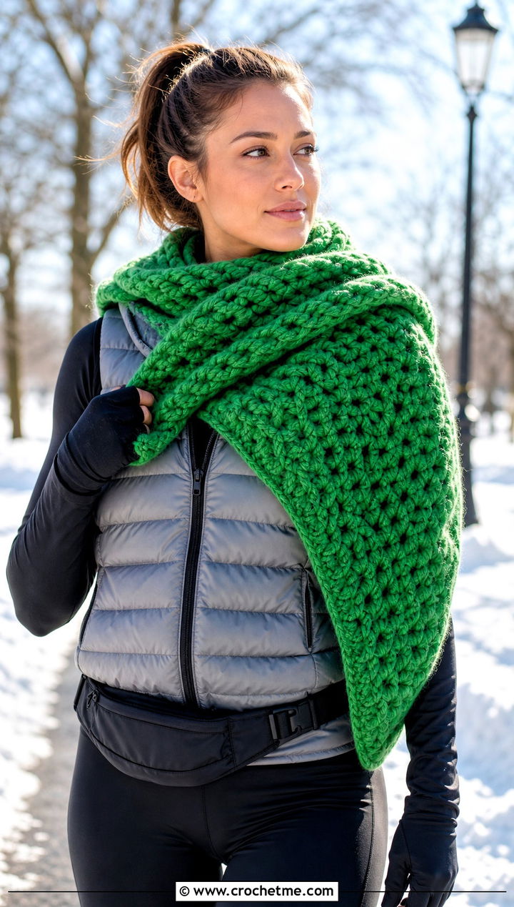 Chunky Crochet Blanket Shawl Scarf With Puffer Vest - 30 crochet shawl scarf outfit ideas
