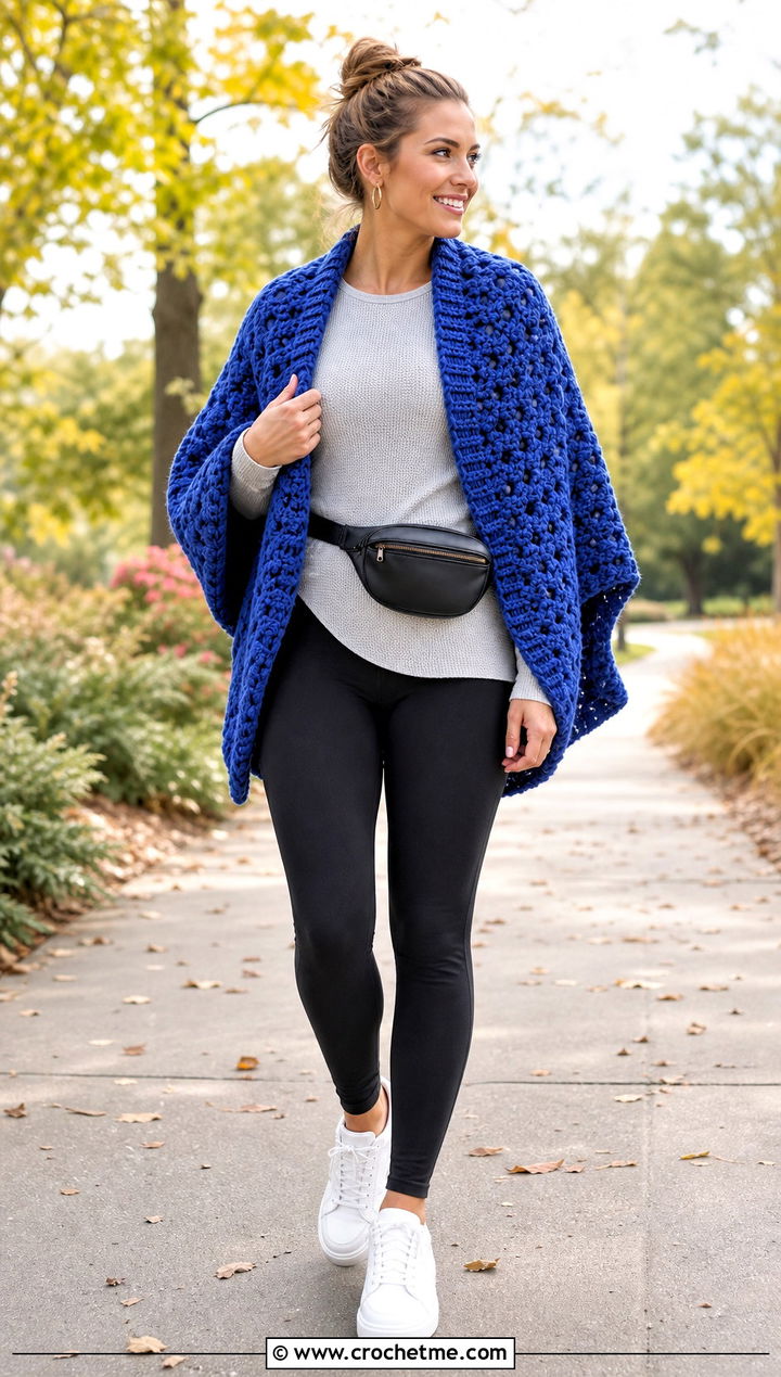 Chunky Crochet Blanket Shawl With Leggings - 30 crochet blanket shawl outfit ideas