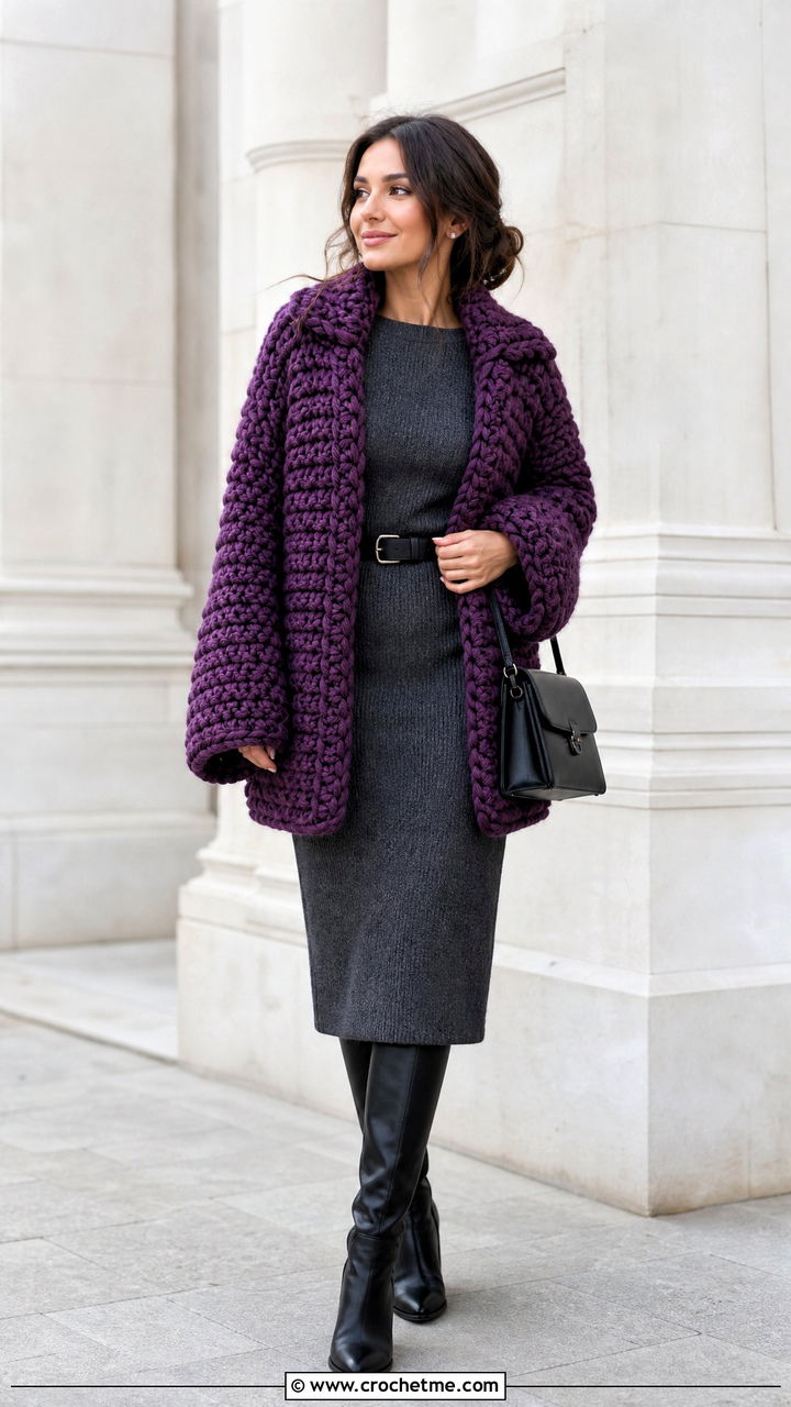 Chunky Crochet Bog Jacket With Knit Dress - 35 Crochet Bog Jacket outfit ideas