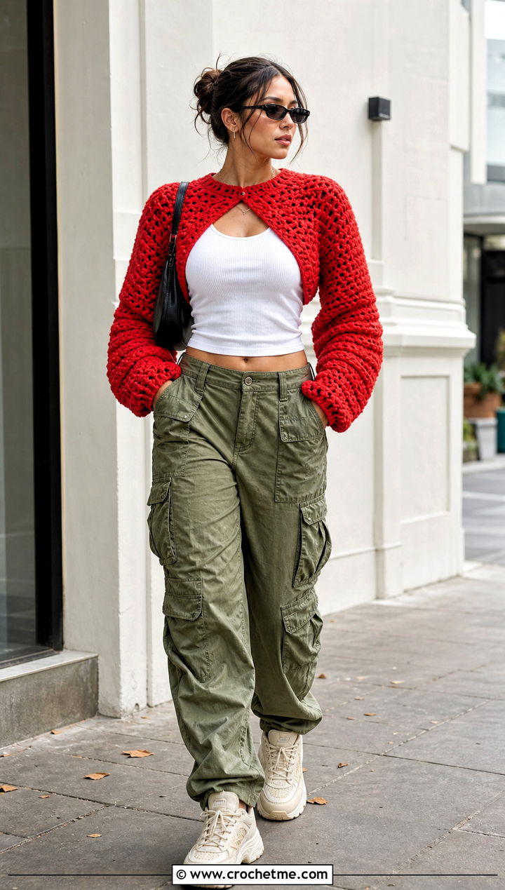 Chunky Crochet Bolero With Cargo Pants - 20 Crochet Bolero Sweater outfit ideas