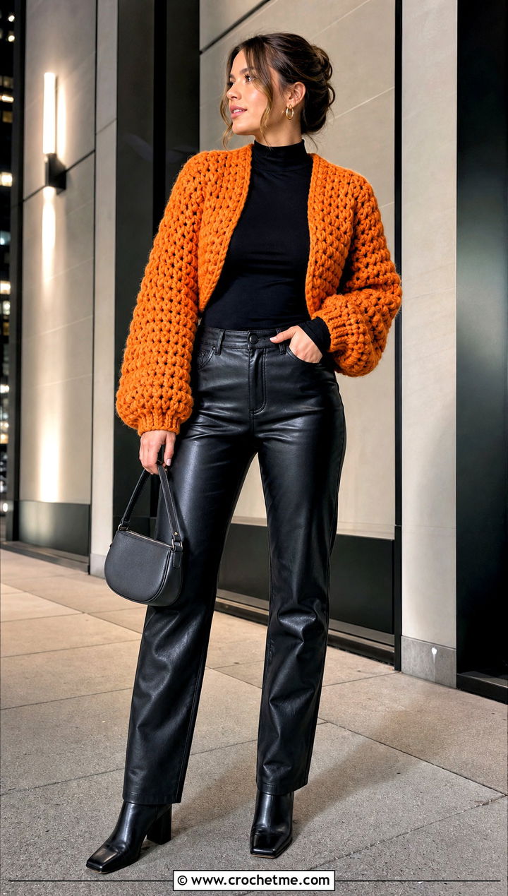 Chunky Crochet Bolero With Leather Pants - 35 crocheted bolero outfit ideas
