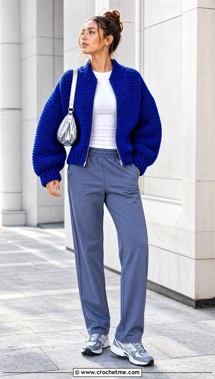 Chunky Crochet Bomber Coat With Track Pants - 25 Chunky Crochet Coat outfit ideas