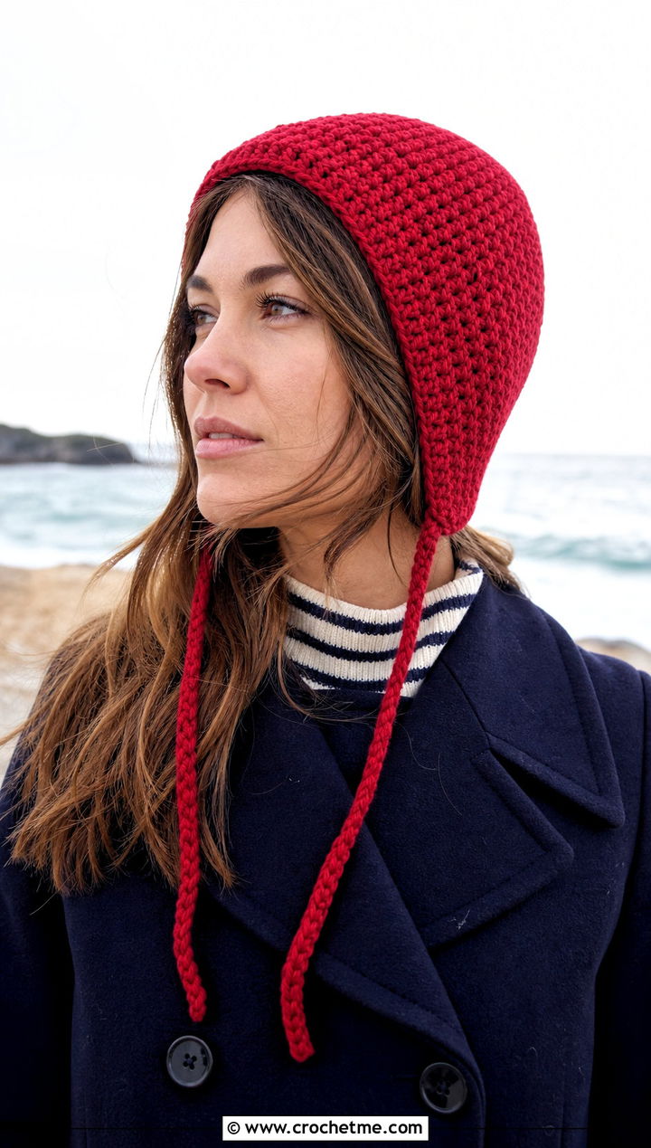 Chunky Crochet Bonnet Hat With Peacoat - 30 chunky yarn crochet hat outfit ideas