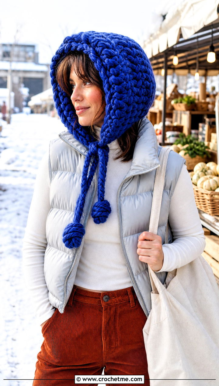 Chunky Crochet Bonnet With Puffer Vest - 25 Easy Crochet Bonnet outfit ideas