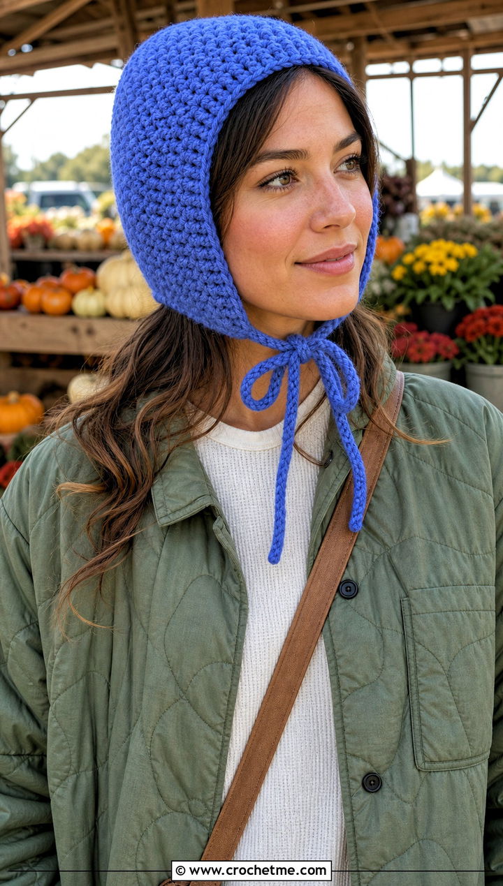 Chunky Crochet Bonnet With Quilted Jacket - 25 Chunky Yarn Crochet Hats outfit ideas