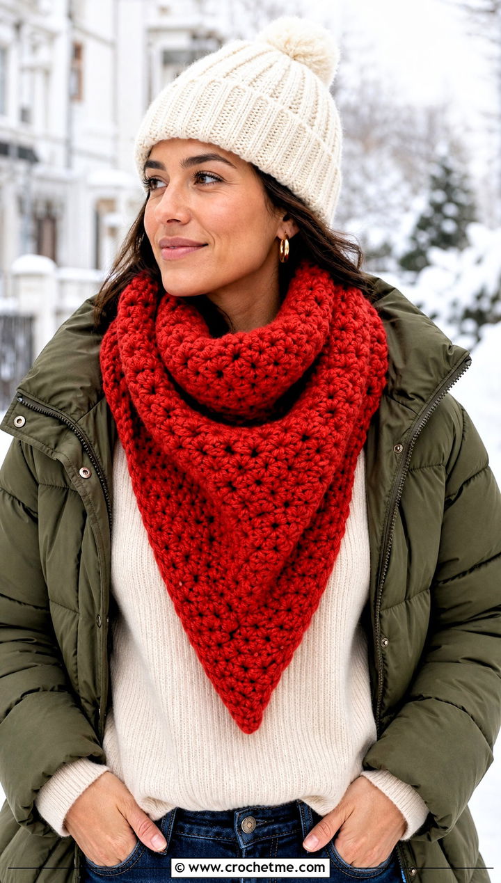 Chunky Crochet Boomerang Scarf With Puffer Coat - 15 Crochet Boomerang Scarf outfit ideas