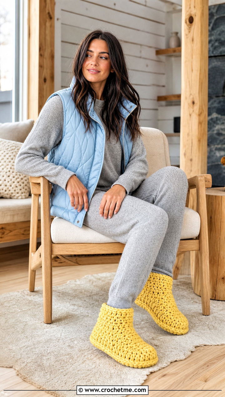 Chunky Crochet Bootie Slippers With Knit Lounge Set - 30 chunky crochet slippers outfit ideas
