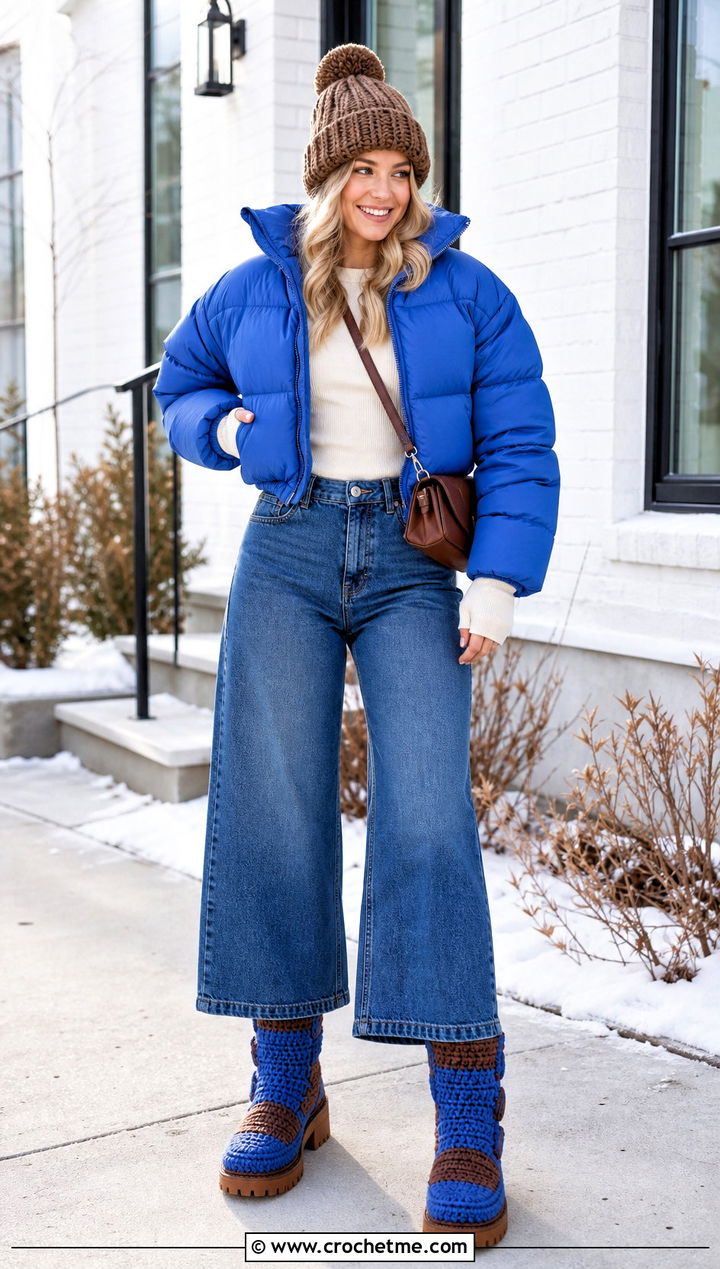Chunky Crochet Boots With Puffer Jacket And Wide Leg Jeans - 15 Blue And Brown Crochet Boots outfit ideas