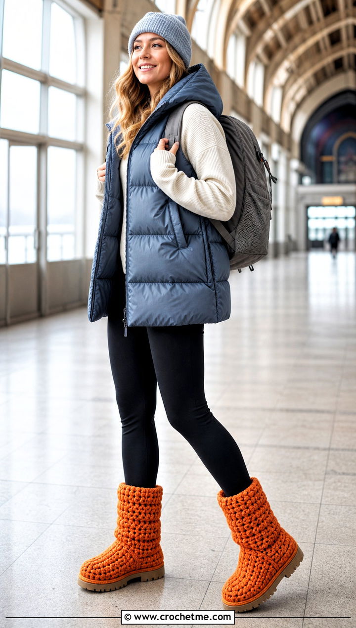 Chunky Crochet Boots With Puffer Vest - 25 crocheted boots outfit ideas