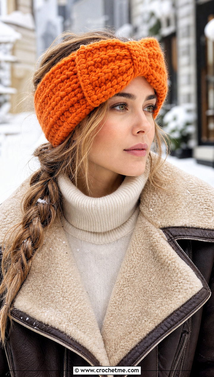 Chunky Crochet Bow Ear Warmer With Shearling Jacket And Jeans - 30 crochet headband with bow outfit ideas