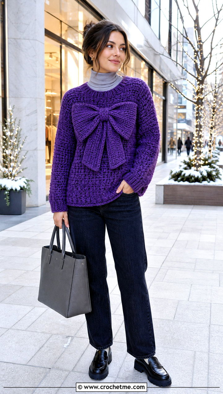 Chunky Crochet Bow Sweater Top With Straight Jeans - 25 crochet bow top outfit ideas