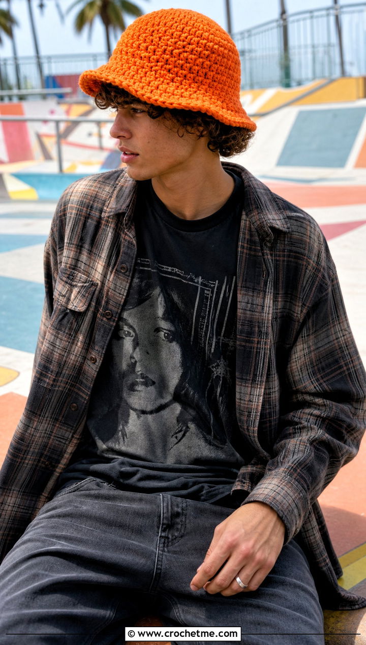 Chunky Crochet Bucket Hat With Graphic Tee And Baggy Jeans - 30 crochet bucket hat men outfit ideas