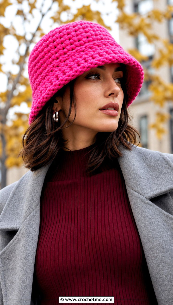 Chunky Crochet Bucket Hat With Knit Dress - 25 Crochet Bucket Hat Design Ideas