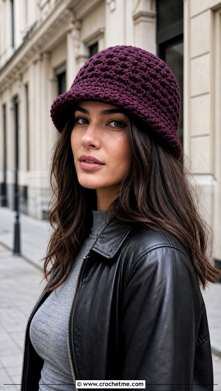 Chunky Crochet Bucket Hat With Leather Jacket - 25 crocheting bucket hat outfit ideas