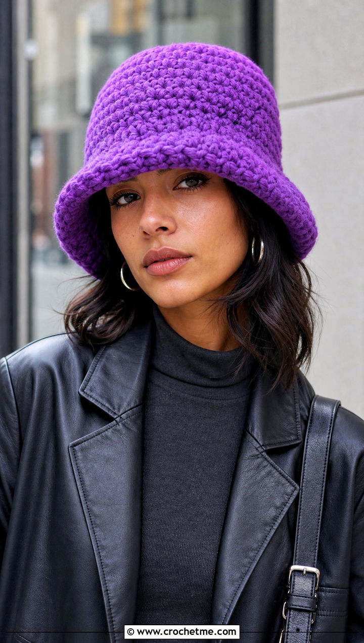 Chunky Crochet Bucket Hat With Leather Jacket - 25 Crochet Cute Bucket Hat outfit ideas