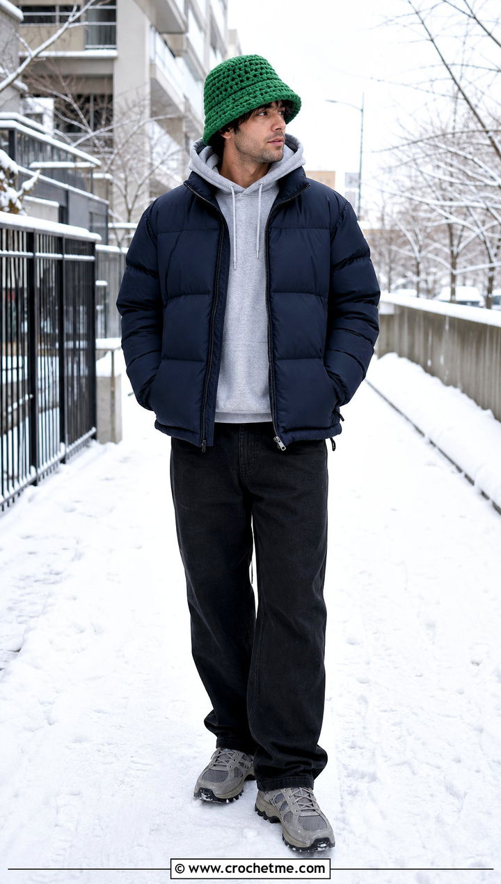 Chunky Crochet Bucket Hat With Puffer Jacket - 35 men crochet bucket hat outfit ideas