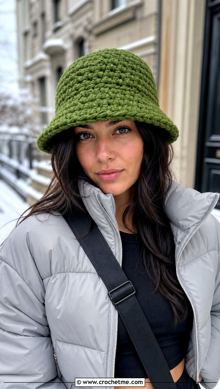 Chunky Crochet Bucket Hat With Puffer Jacket - 25 crochet bucket hat ideas