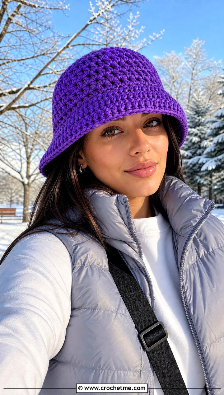 Chunky Crochet Bucket Hat With Puffer Vest And Joggers - 30 easy crochet bucket hat outfit ideas