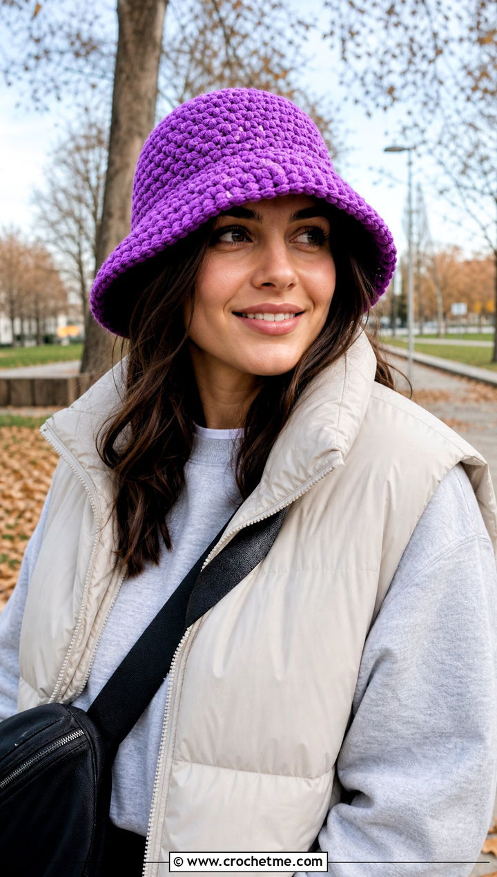 Chunky Crochet Bucket Hat With Puffer Vest - 25 Easy Crochet Bucket Hats outfit ideas