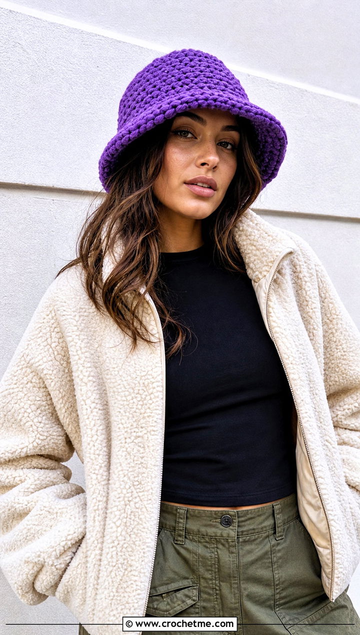 Chunky Crochet Bucket Hat With Sherpa Jacket And Cargo Pants - 25 winter crochet hat for women outfit ideas