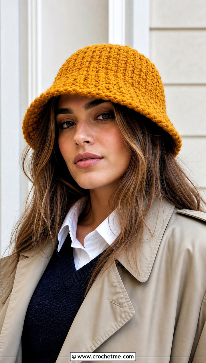Chunky Crochet Bucket Hat With Trench Coat - 20 Warm Crochet Hat outfit ideas