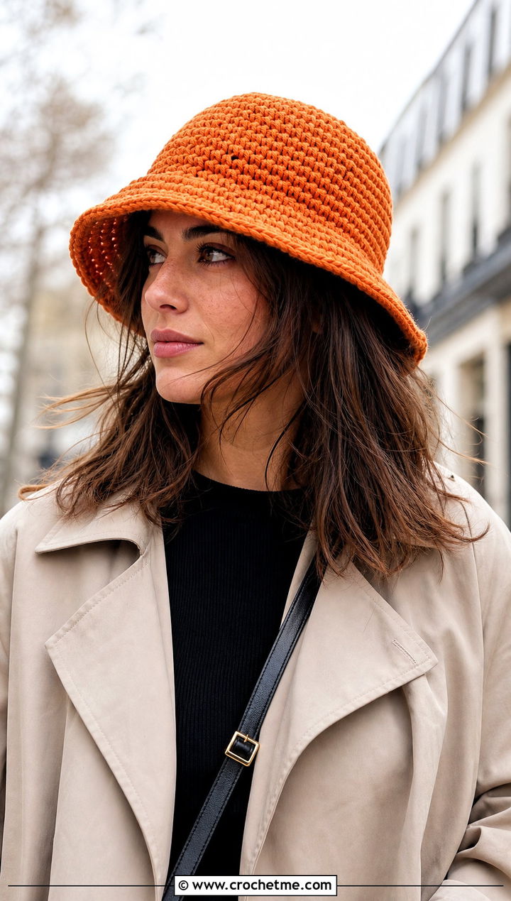 Chunky Crochet Bucket Hat With Trench Coat - 25 Easy Chunky Crochet Hat outfit ideas