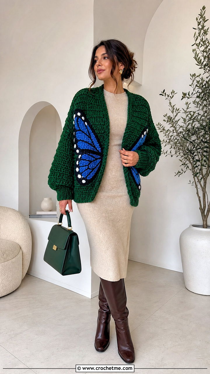 Chunky Crochet Butterfly Cardigan With Sweater Dress - 35 crochet butterfly cardigan outfit ideas
