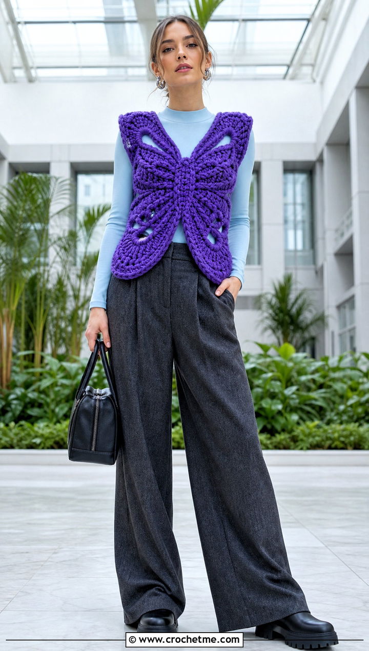 Chunky Crochet Butterfly Top With Wool Trousers - 30 crochet butterfly lace top outfit ideas