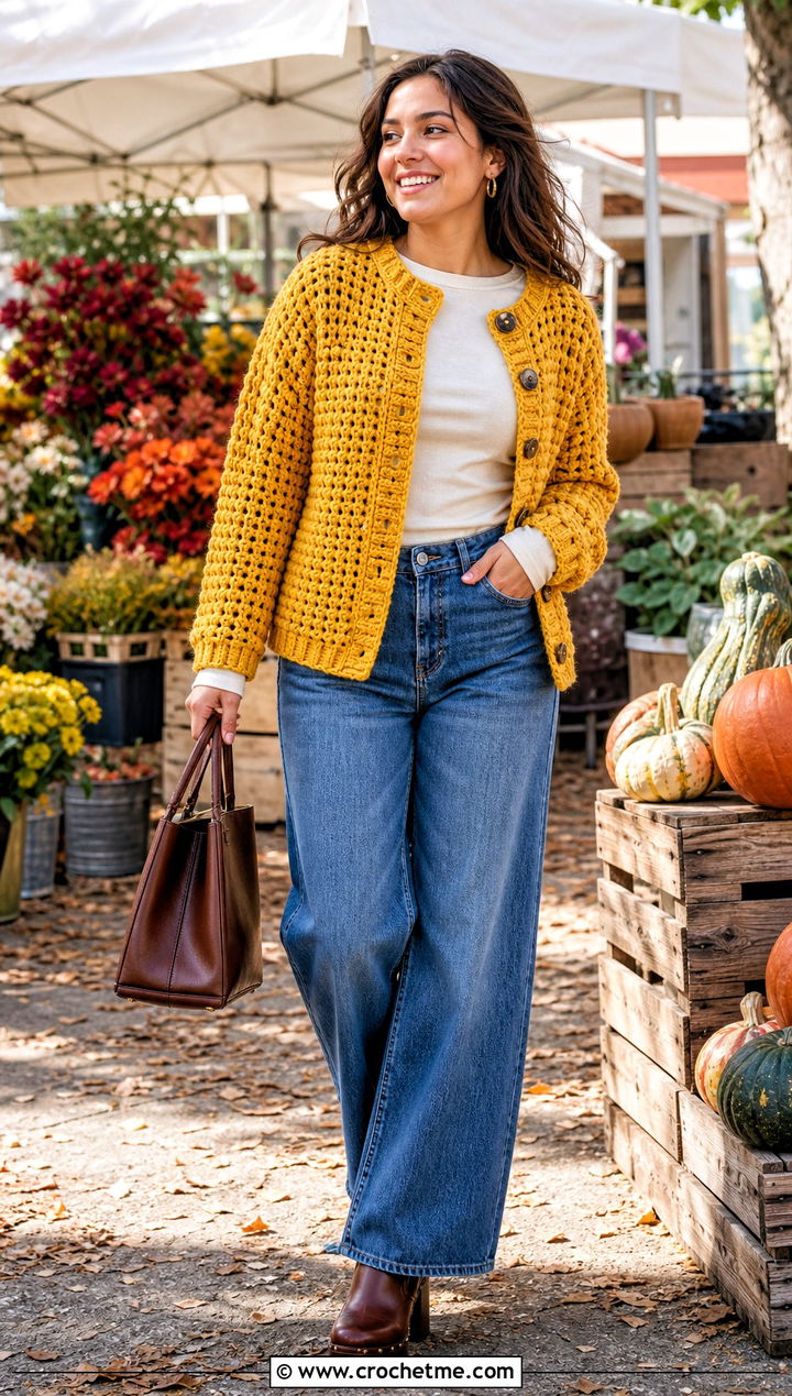 Chunky Crochet Button Down Cardigan With Wide Leg Jeans - 25 crochet button down cardigan outfit ideas